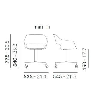 Pedrali Babila 2775 swivel armchair with painted steel base and castors