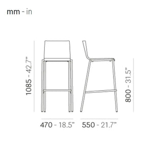 Pedrali Kuadra stool with technopolymer shell and square steel frame
