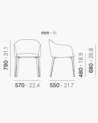 Pedrali Laja 885/2 armchair with upholstered shell and steel legs